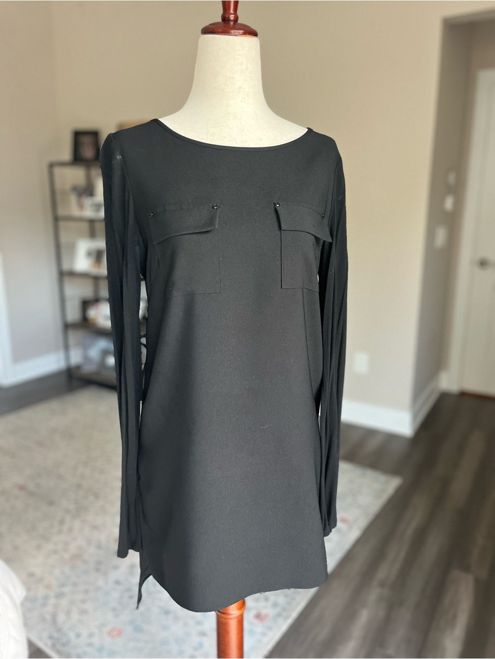 WHBM Black Long-Sleeve Tunic Top with Pocket Flap Detail